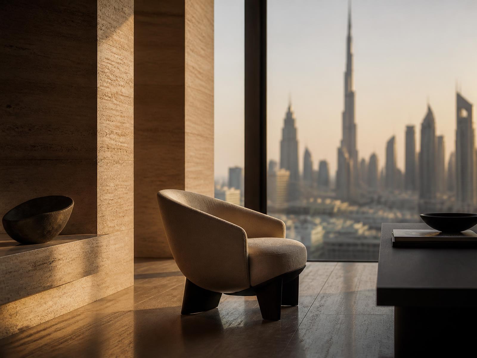 Private advisory lounge in Dubai overlooking the skyline at golden hour